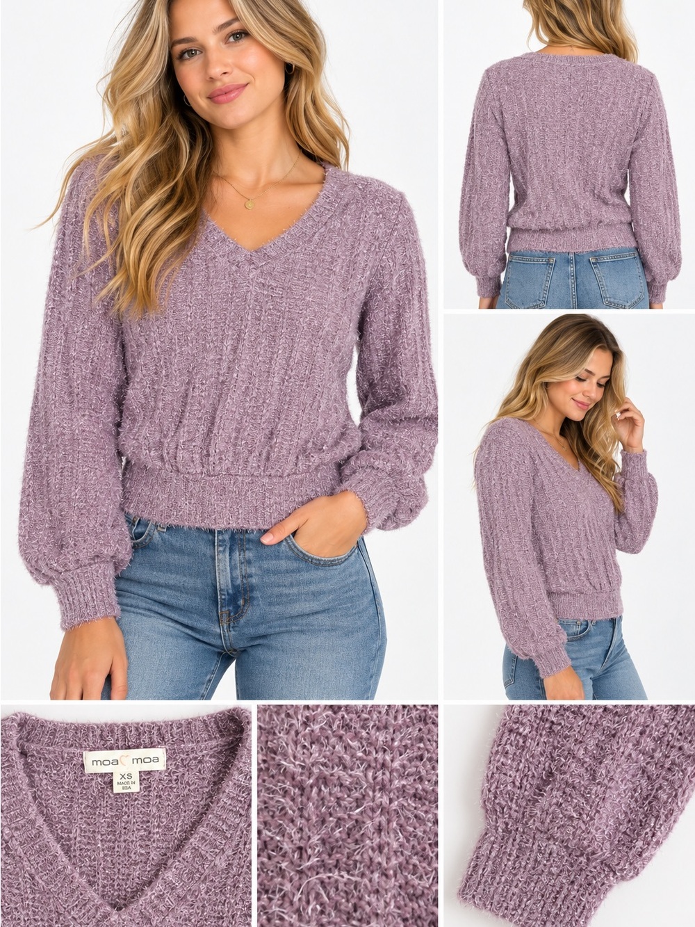 Moa Moa Dusty Lavender V-Neck Balloon Sleeve Sweater